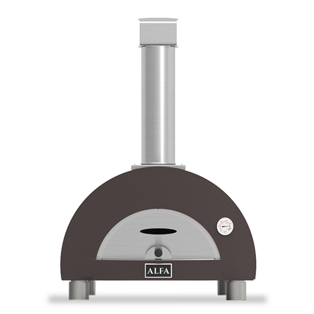 Countertop gas pizza oven with dark brown dome and stainless chimney