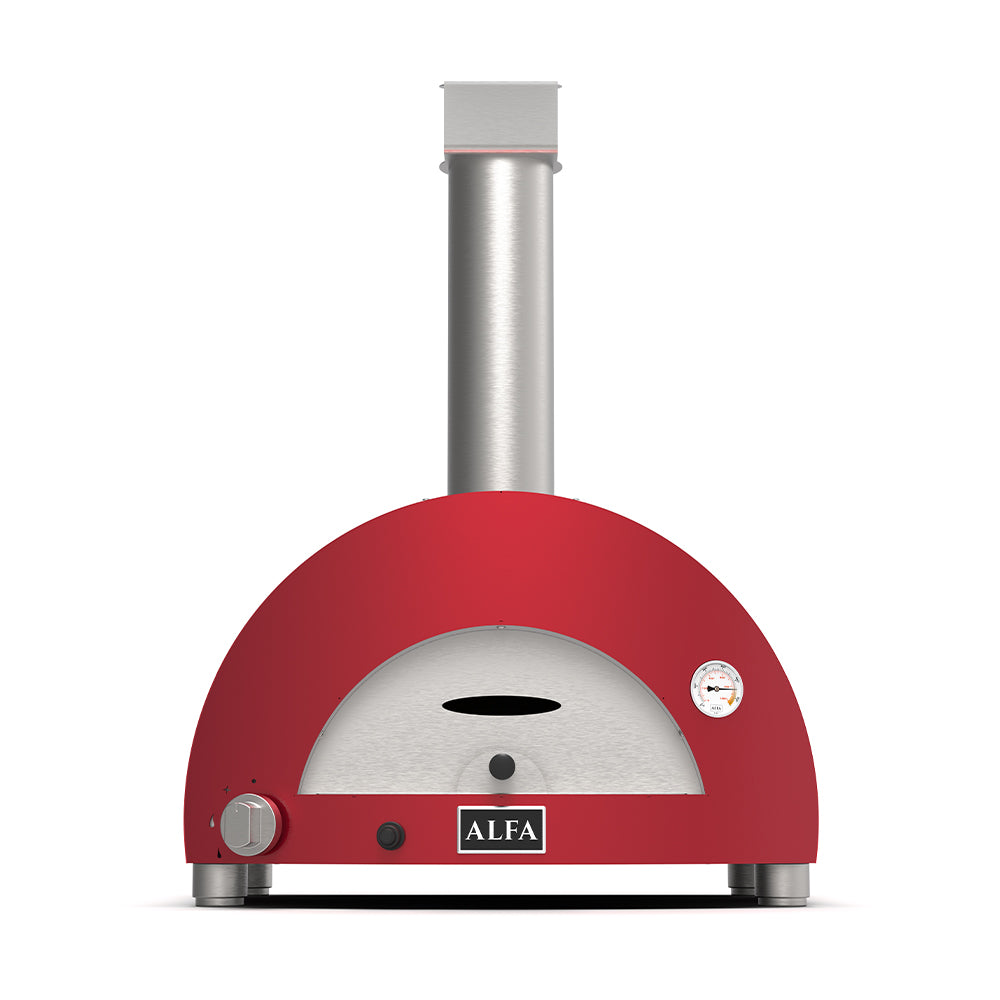 ALFA countertop gas pizza oven with red dome and stainless flue