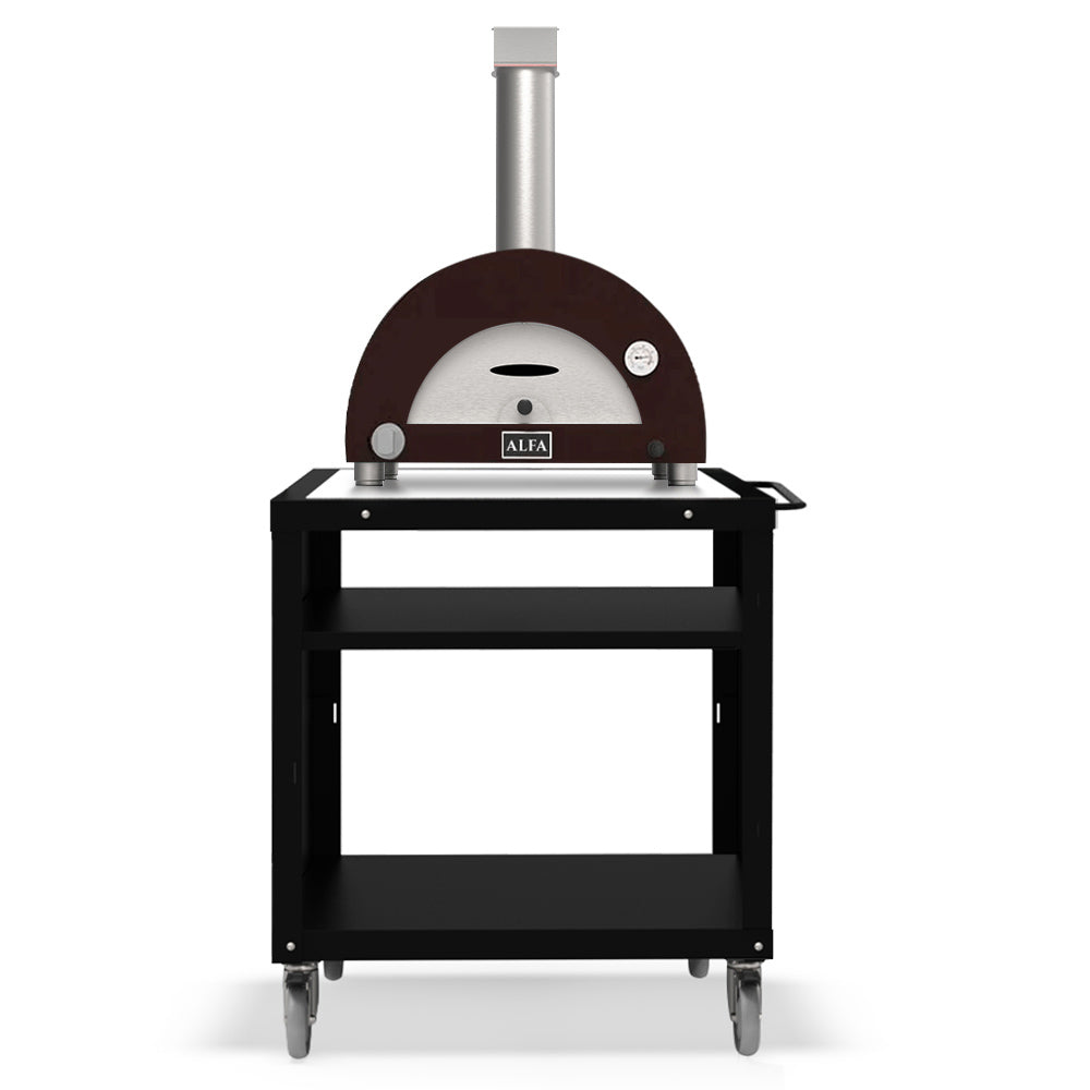 Pizza oven on wheeled stand with brown dome and chimney, front loading door
