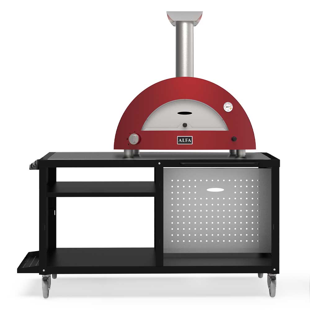 Alfa Moderno 2 pizza oven with cooking station, red dome and chimney vent