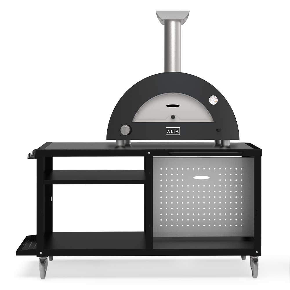 Gas pizza oven with cooking station, black dome and silver chimney, open storage cabinet
