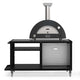 Gas pizza oven with cooking station, black dome and silver chimney, open storage cabinet