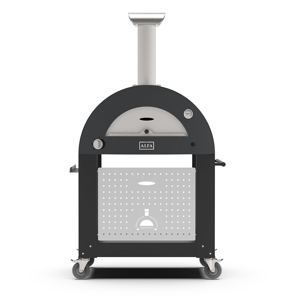 Freestanding gas pizza oven with dark dome, vented front panel, and two caster wheels.