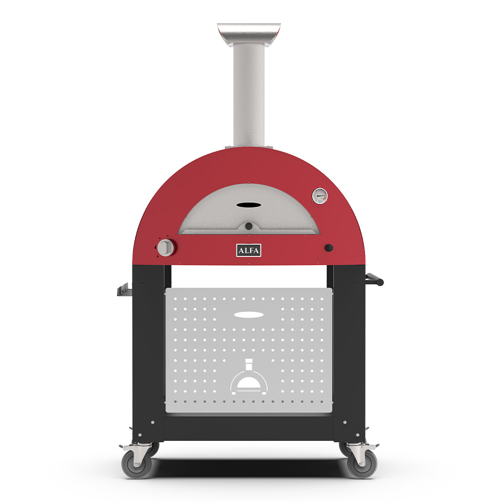 Freestanding gas pizza oven, ruby red dome and front, on black wheeled base