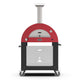 Freestanding gas pizza oven with ruby-red dome, vented front panel, and two caster wheels.