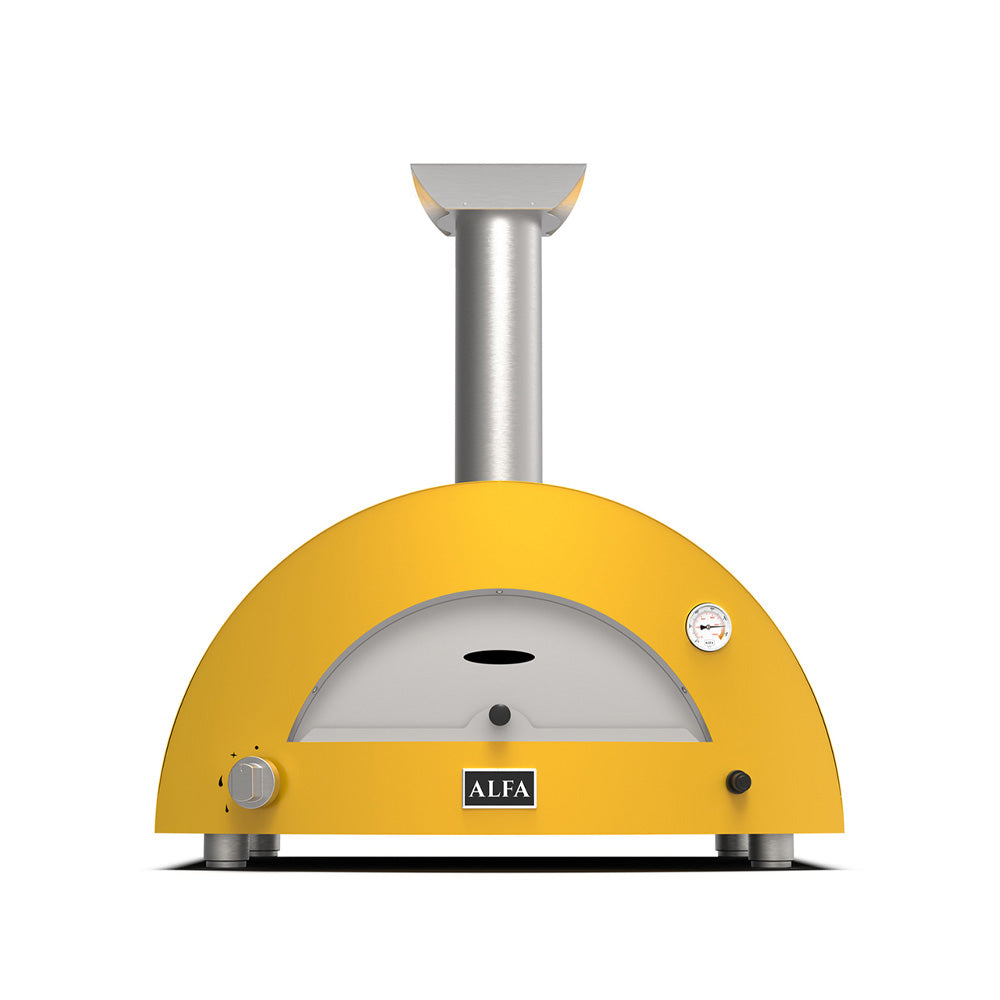 Wood-fired pizza oven in fire yellow with metal chimney and front control panel