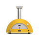Wood-fired pizza oven in fire yellow with metal chimney and front control panel
