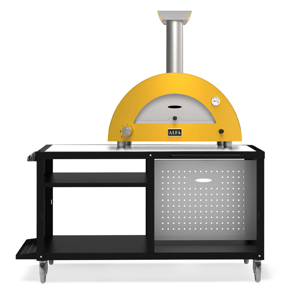 Wood-fired 2-pizza oven with yellow dome and perforated warming cabinet on cart