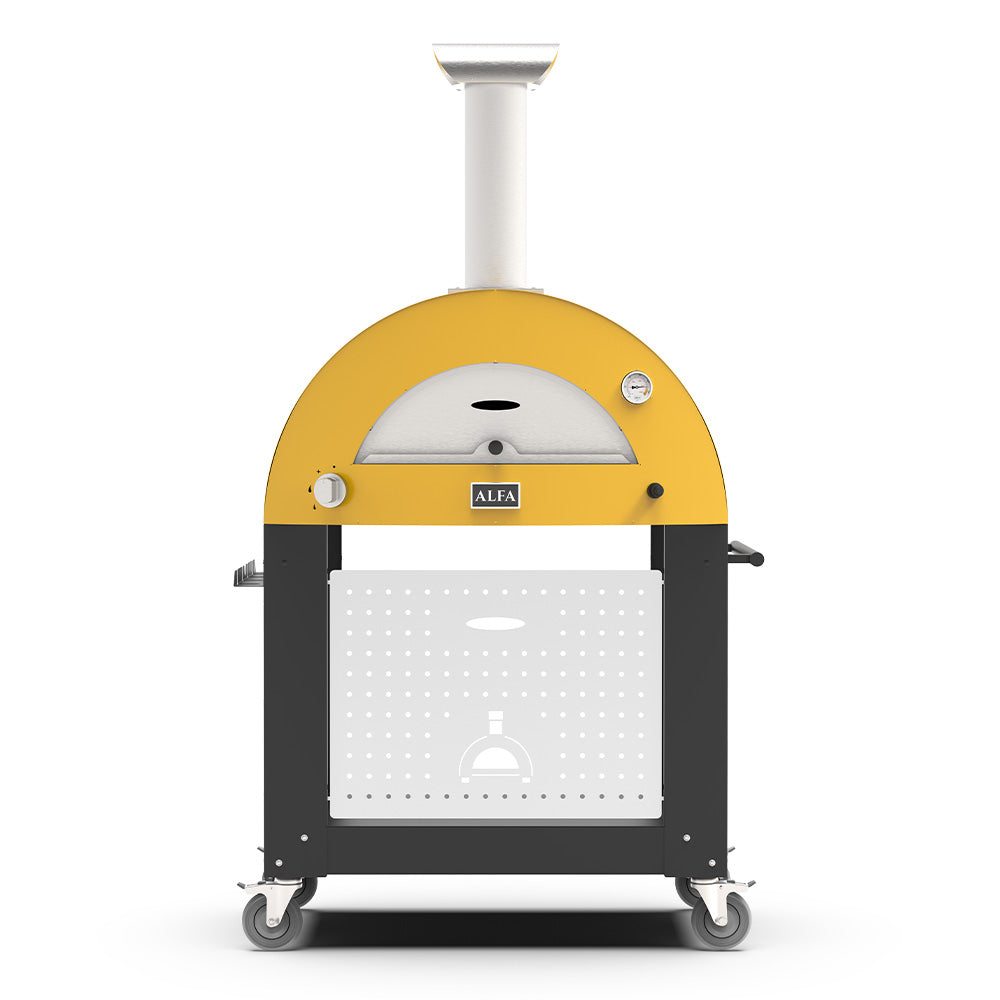 Freestanding wood-fired pizza oven in fire yellow with black base and wheels