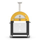 Freestanding wood-fired pizza oven in fire yellow with black base and wheels