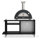 Wood-fired 2-pizza oven on rolling cart with black dome and silver chimney
