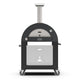 Freestanding wood-fired pizza oven in dark gray with black door panel and wheels