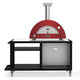 Wood-fired 2-pizza oven with red dome, black base, and perforated side compartment