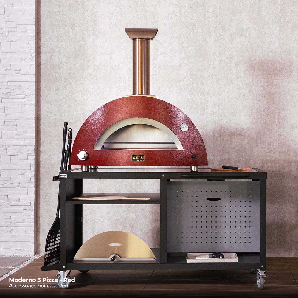 Ruby red gas pizza oven on a black outdoor cooking station with side storage