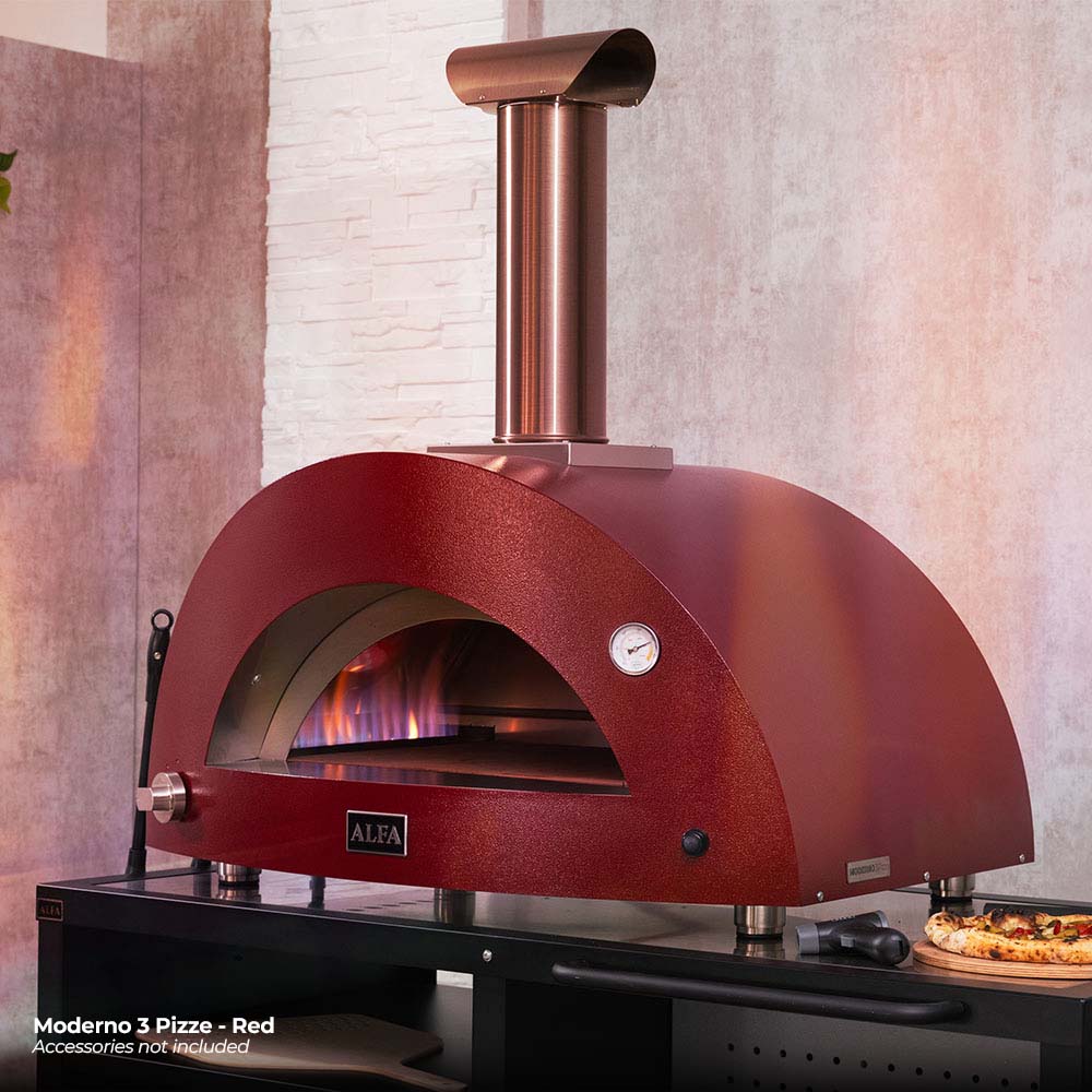 Ruby red gas pizza oven with arched front opening and standing metal chimney