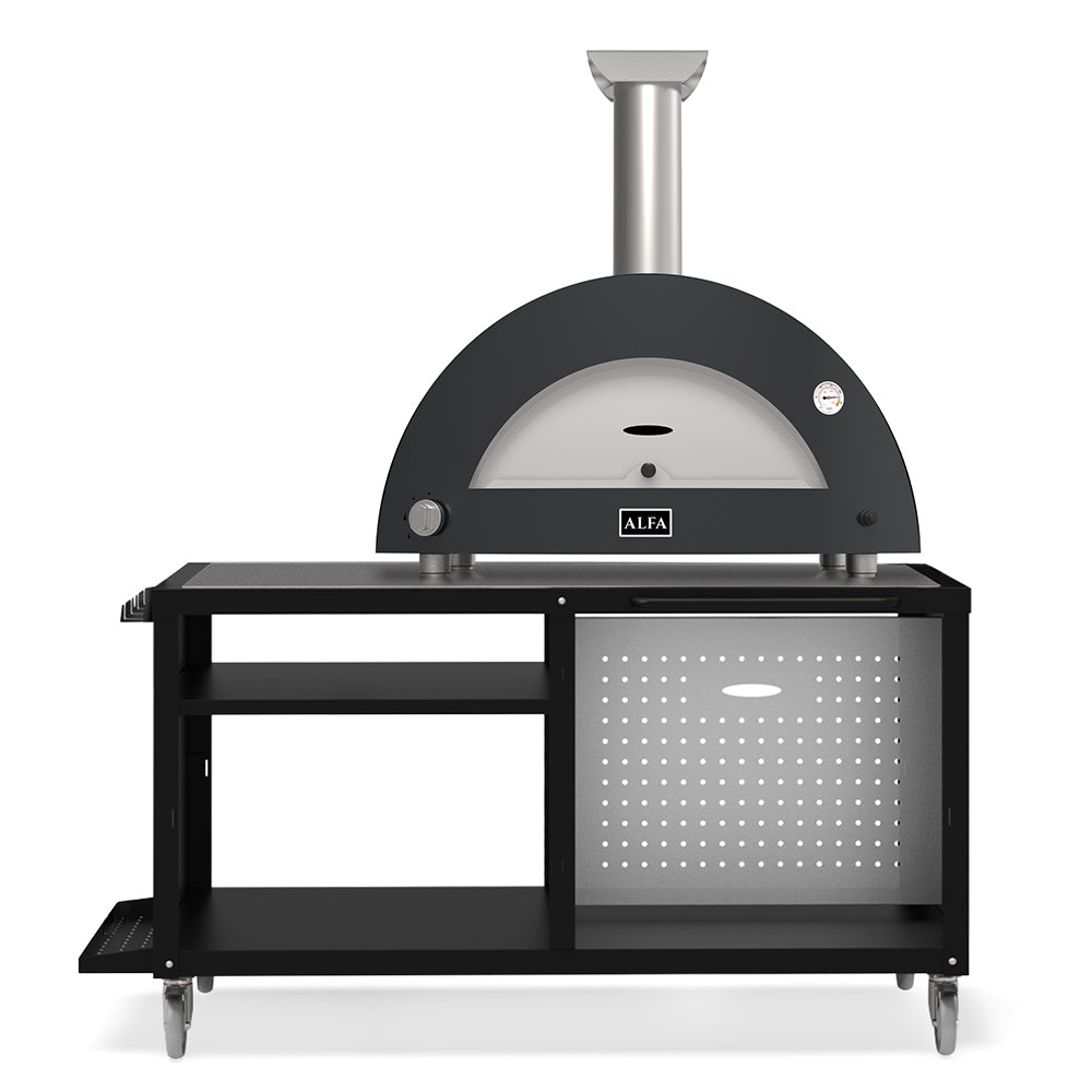 Alfa gas pizza oven with cooking station, black dome and stainless flue