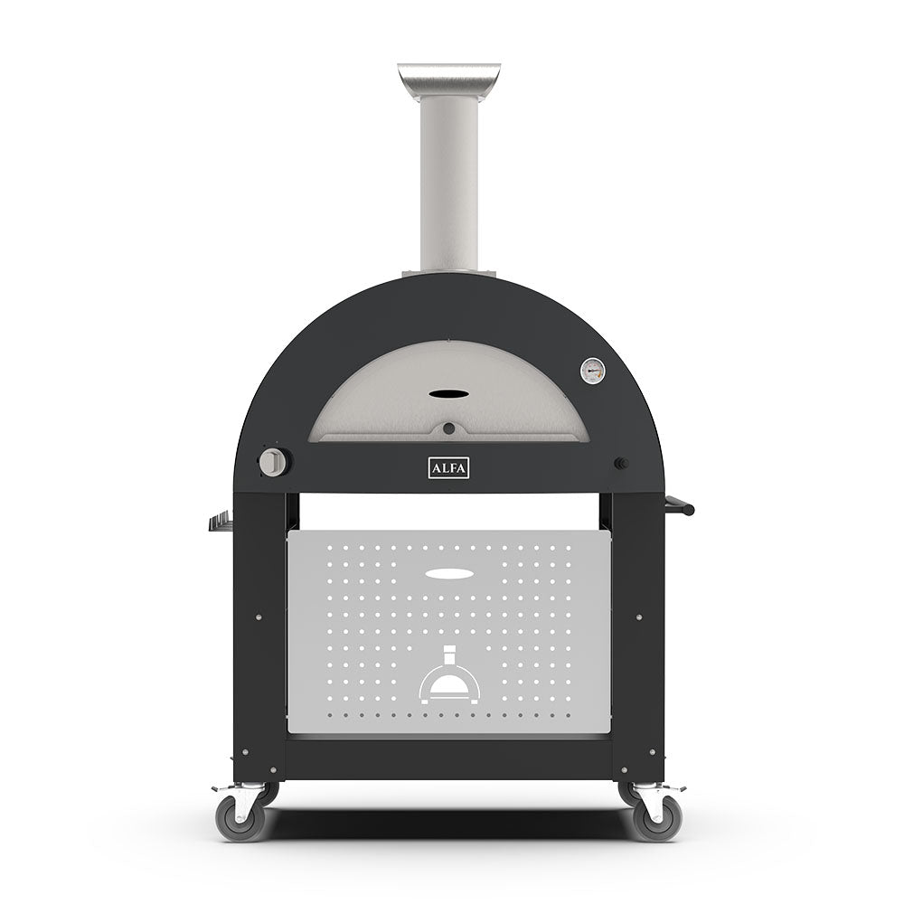Anthracite grey freestanding 3-pizza gas pizza oven with arched bake chamber and flue.