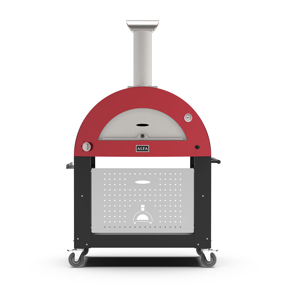 Ruby red freestanding 3-pizza gas pizza oven with arched bake chamber and flue.