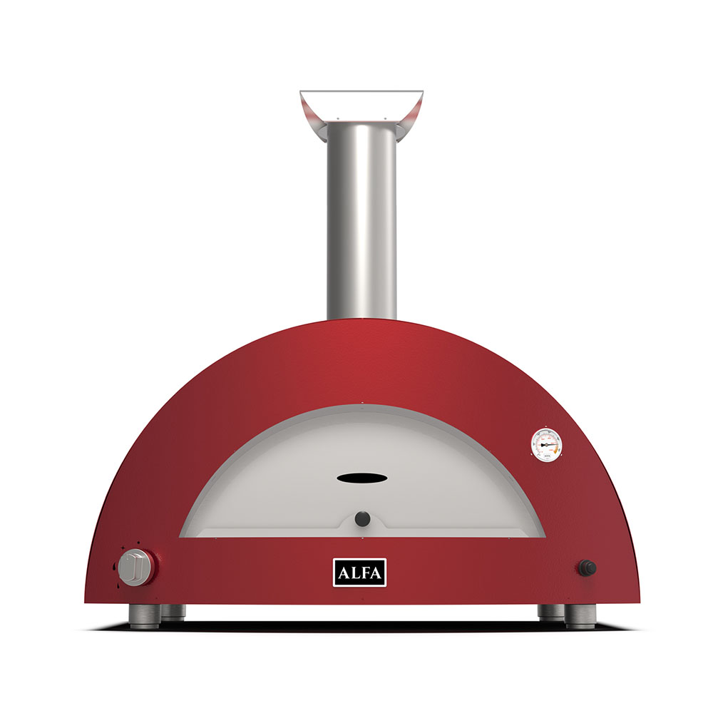 Ruby red countertop gas pizza oven with front door and stainless chimney