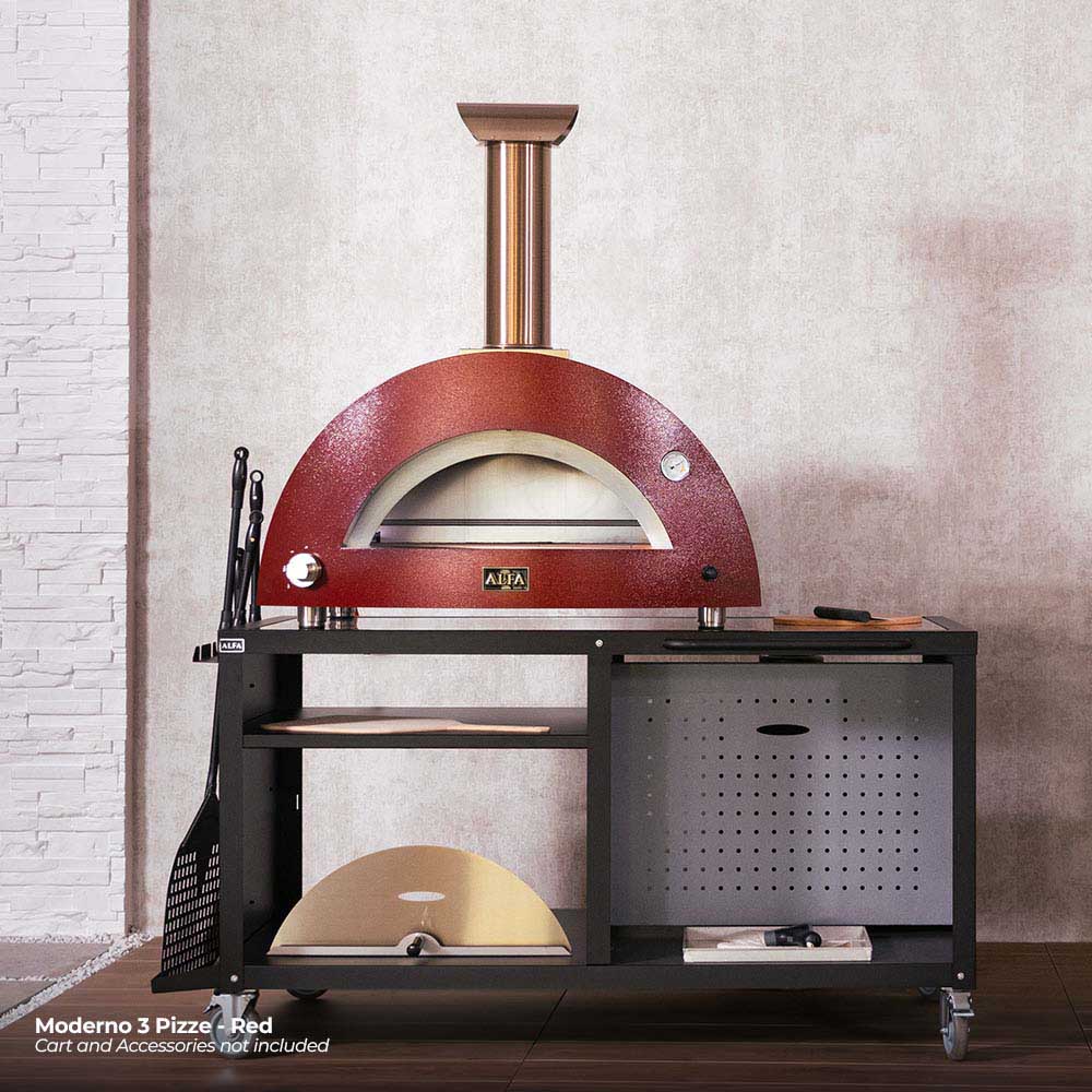 Ruby red 3-pizza countertop gas oven on a black stand with storage shelf