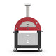 Freestanding gas pizza oven with red dome, side doors, and wheeled base