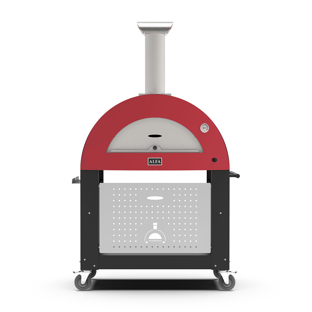 Freestanding wood-fired pizza oven, red dome with metal chimney and black cart