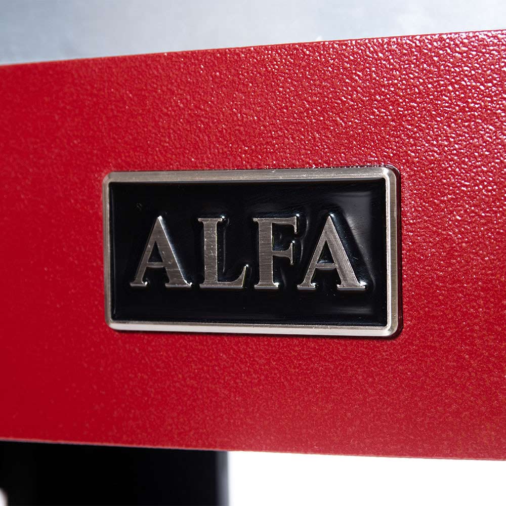Red wood-fired pizza oven front panel with ALFA logo nameplate