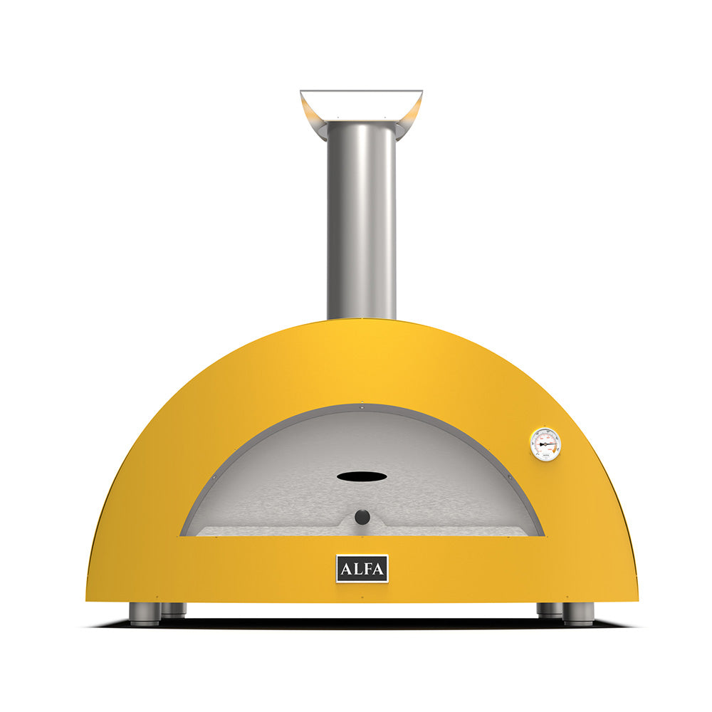 Fire yellow countertop wood-fired pizza oven with stainless chimney and front arch