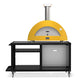 Yellow wood-fired pizza oven on black stand with stainless heat shield and chimney
