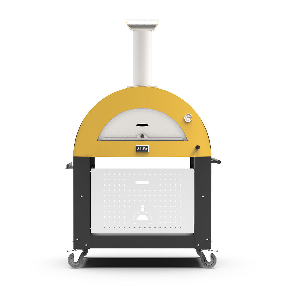 Freestanding wood-fired pizza oven, yellow dome with metal chimney and black cart