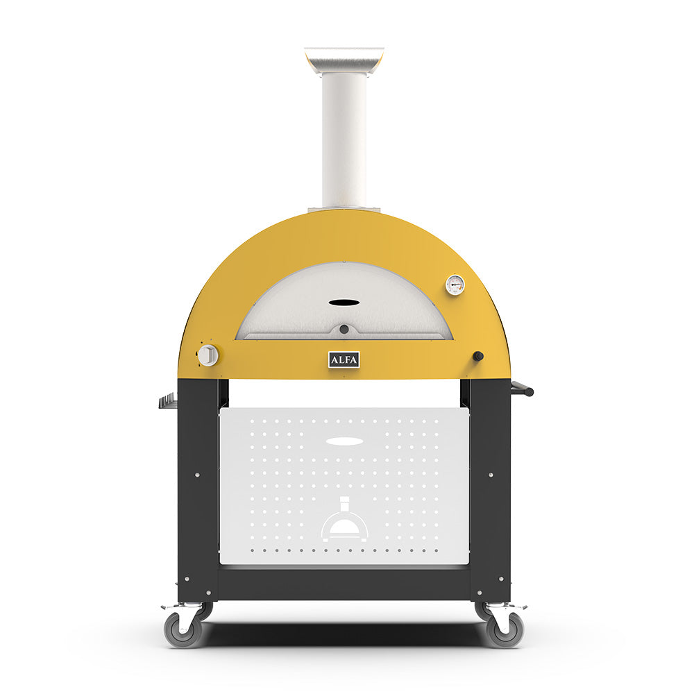 Yellow wood-fired pizza oven on wheels with arched front door and chimney