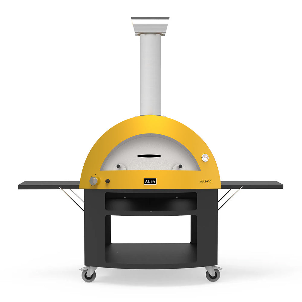 Alfa freestanding natural gas pizza oven with yellow dome and black base on casters