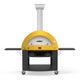 Alfa freestanding natural gas pizza oven with yellow dome and black base on casters