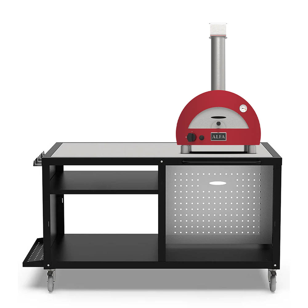 Portable gas pizza oven with red dome and black cooking station, stainless chimney