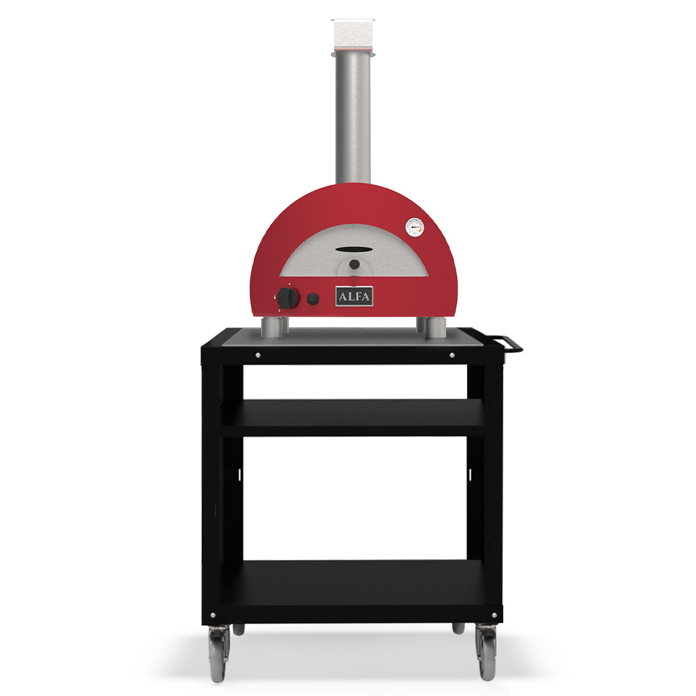 Portable gas pizza oven with red dome and black cart stand, chimney stack
