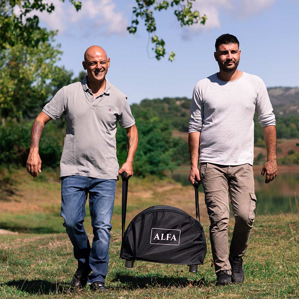 ALFA branded black pizza oven cover bag with carry handles