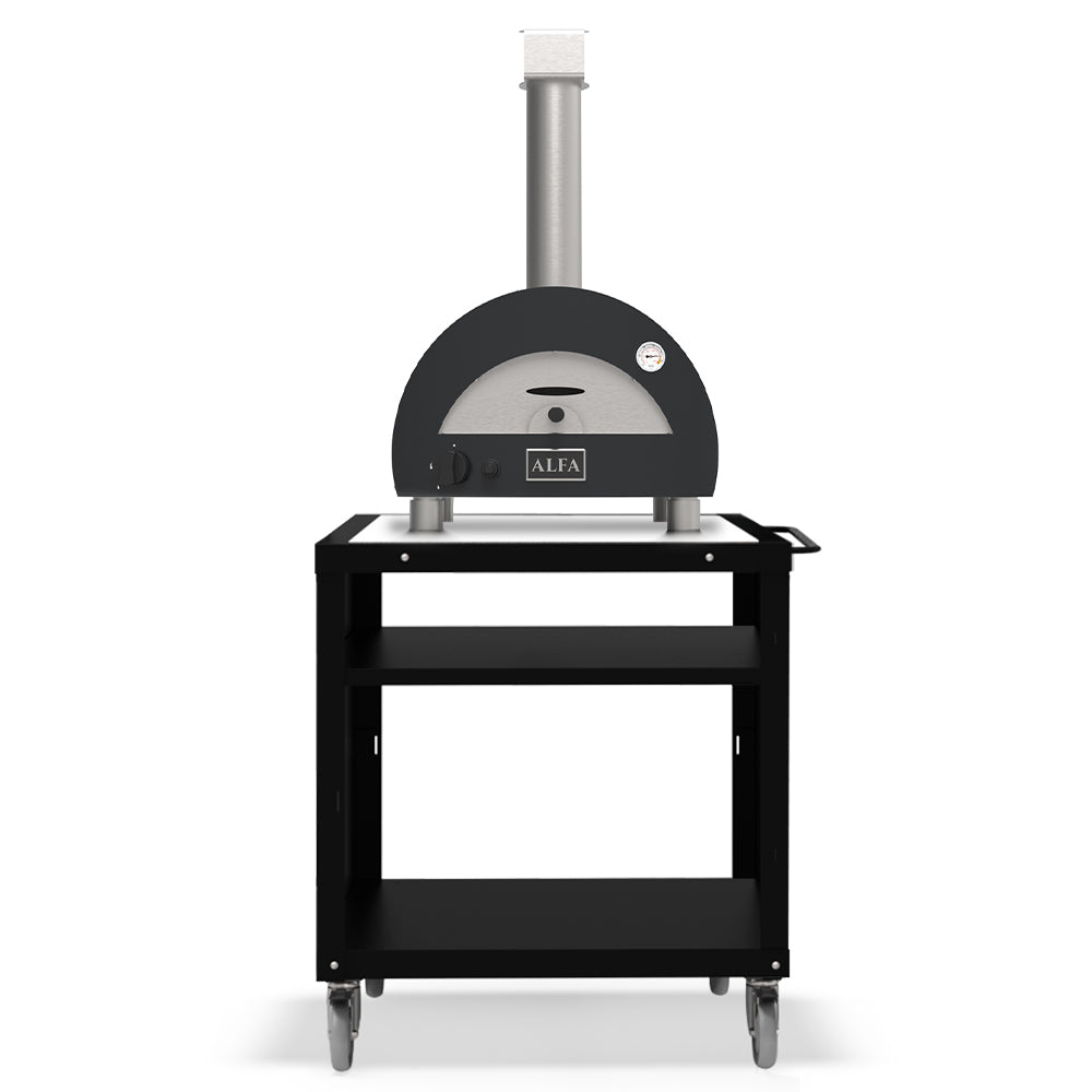 Portable gas pizza oven with black dome, side controls, and logo badge on caster base.