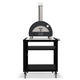 Portable gas pizza oven with black dome, side controls, and logo badge on caster base.