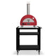 Portable gas pizza oven with red dome, black control panel, and logo badge on caster base.