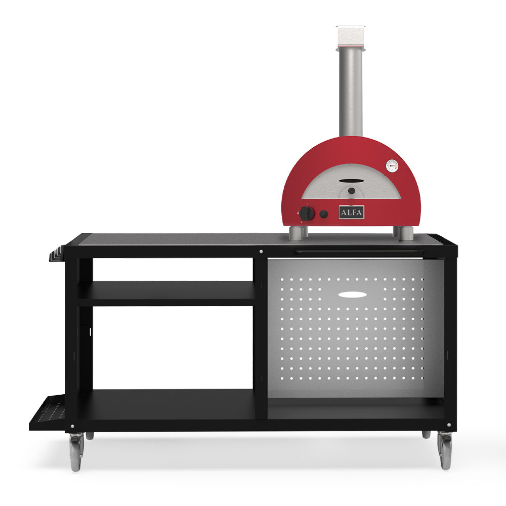 Red domed gas pizza oven with black cooking station and perforated warming panel