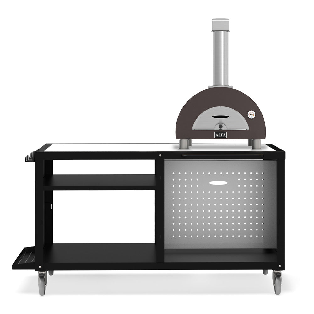 23-inch wood-fired pizza oven with cooking station, black frame and vented front panel