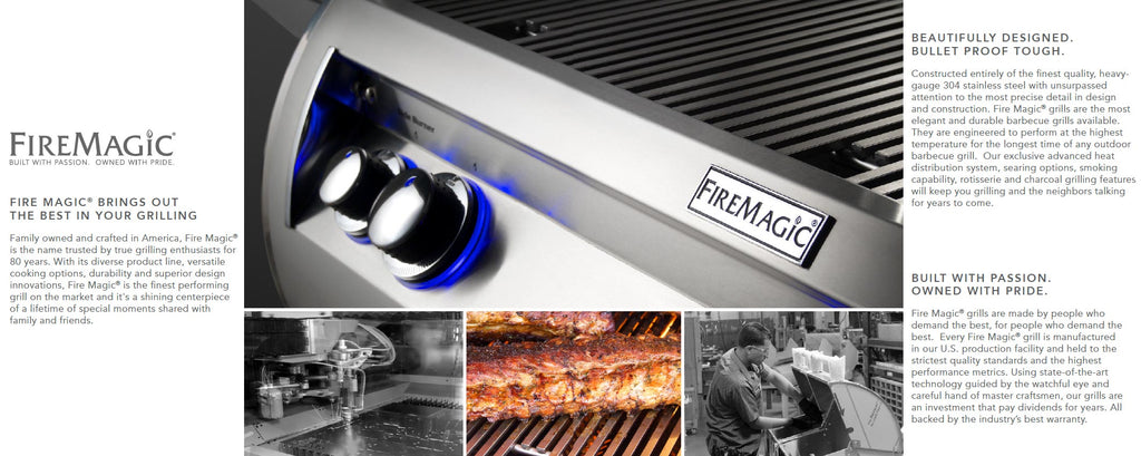 Fire Magic grill brochure collage with cooking close-up and control panel views