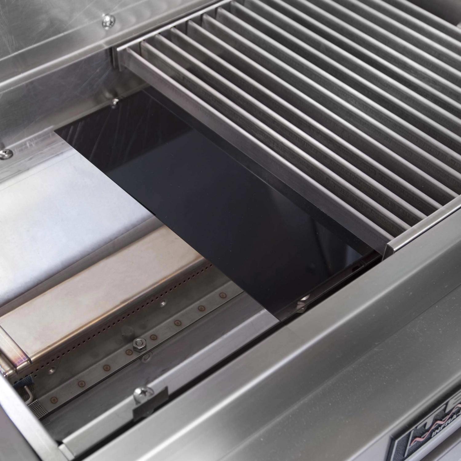 Open stainless steel infrared grill with black drip tray and front burner panel