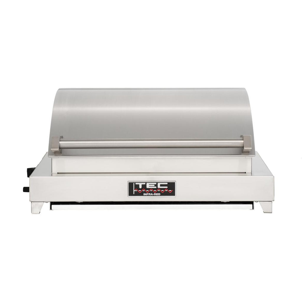 Portable tabletop grill with stainless lid and front control panel, side supports