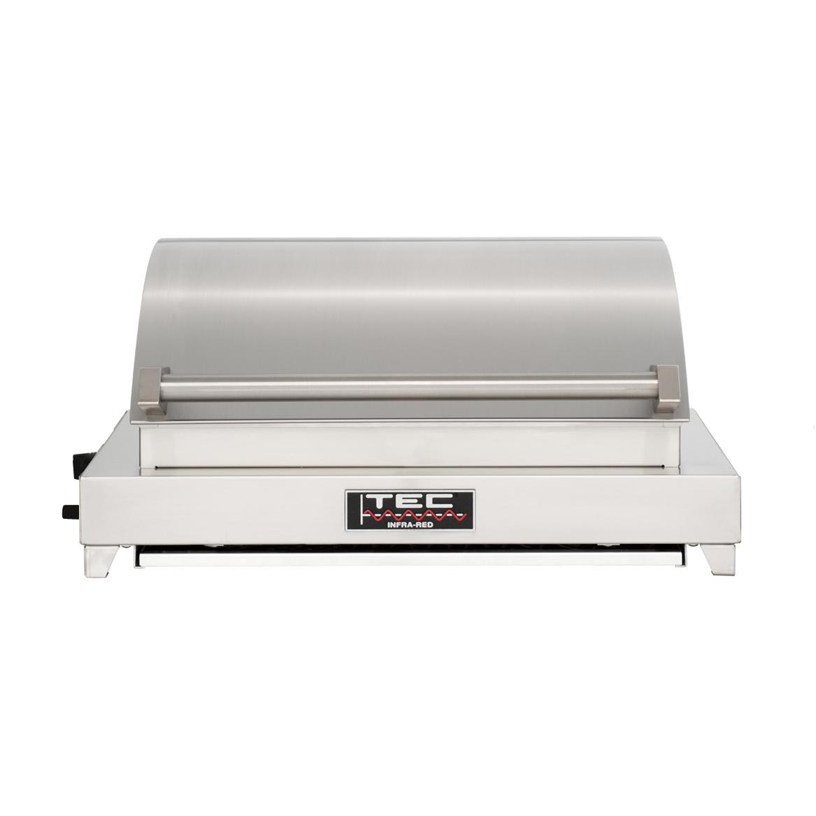 Portable tabletop grill with stainless lid and front control panel, side supports