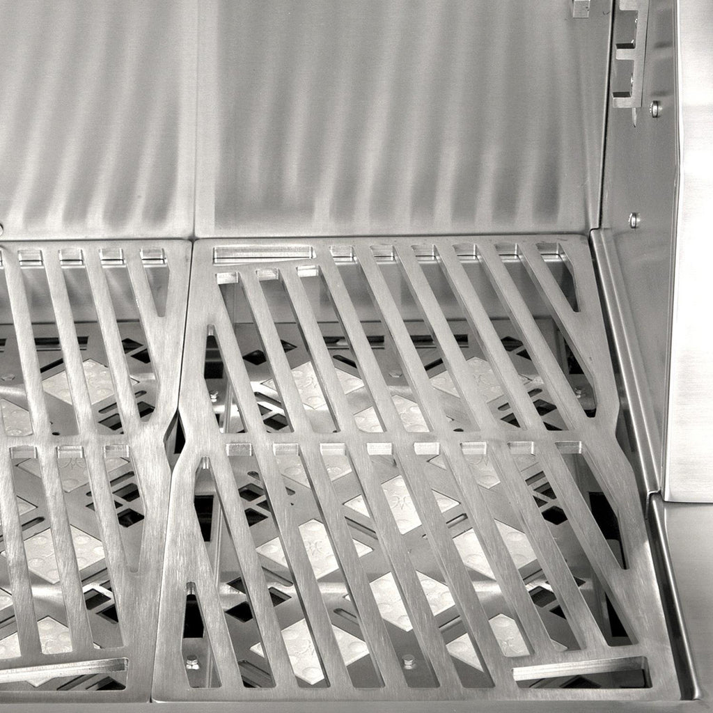 Open freestanding gas grill with stainless grilling grate and burner heat shield base.