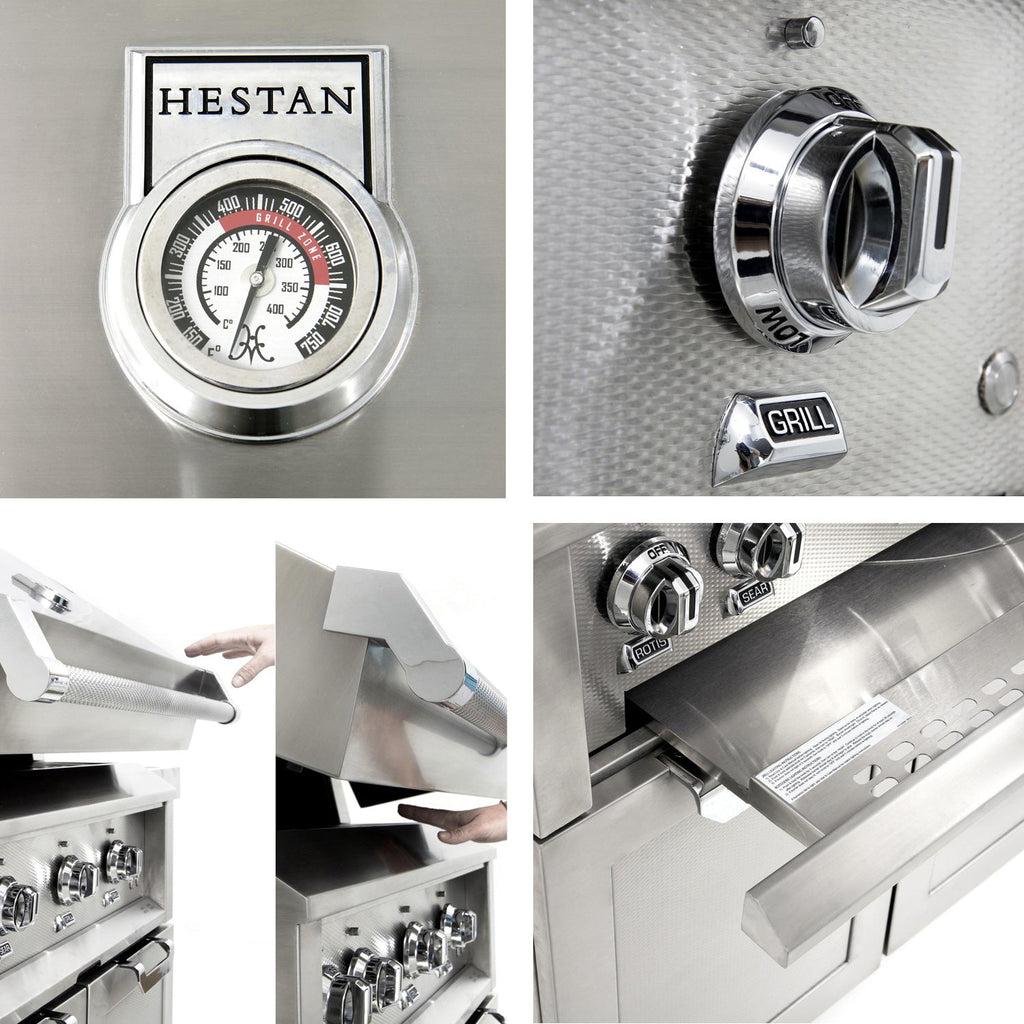 Stainless steel grill control knob and burner controls with Hestan label