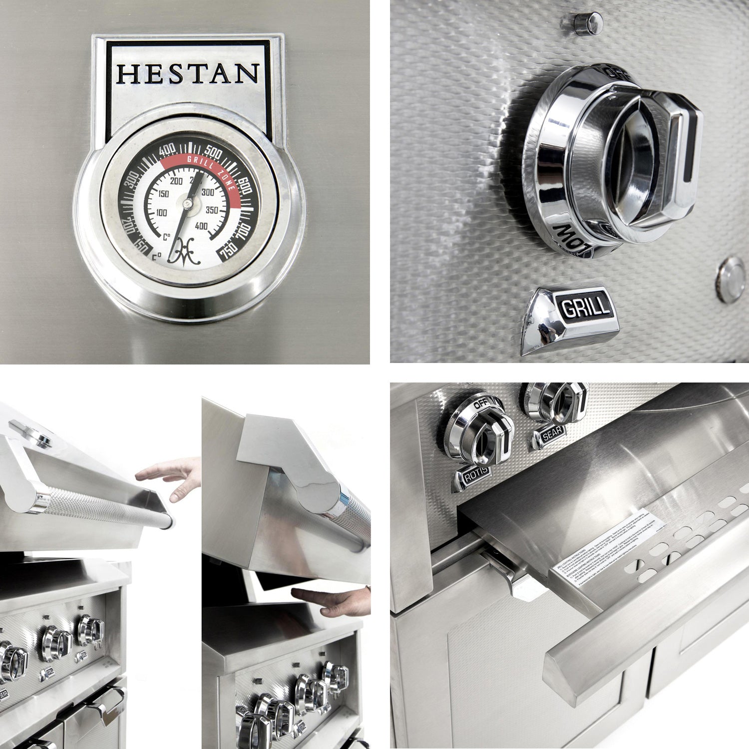 Hestan grill controls with temperature gauge knob and stainless ignition switch
