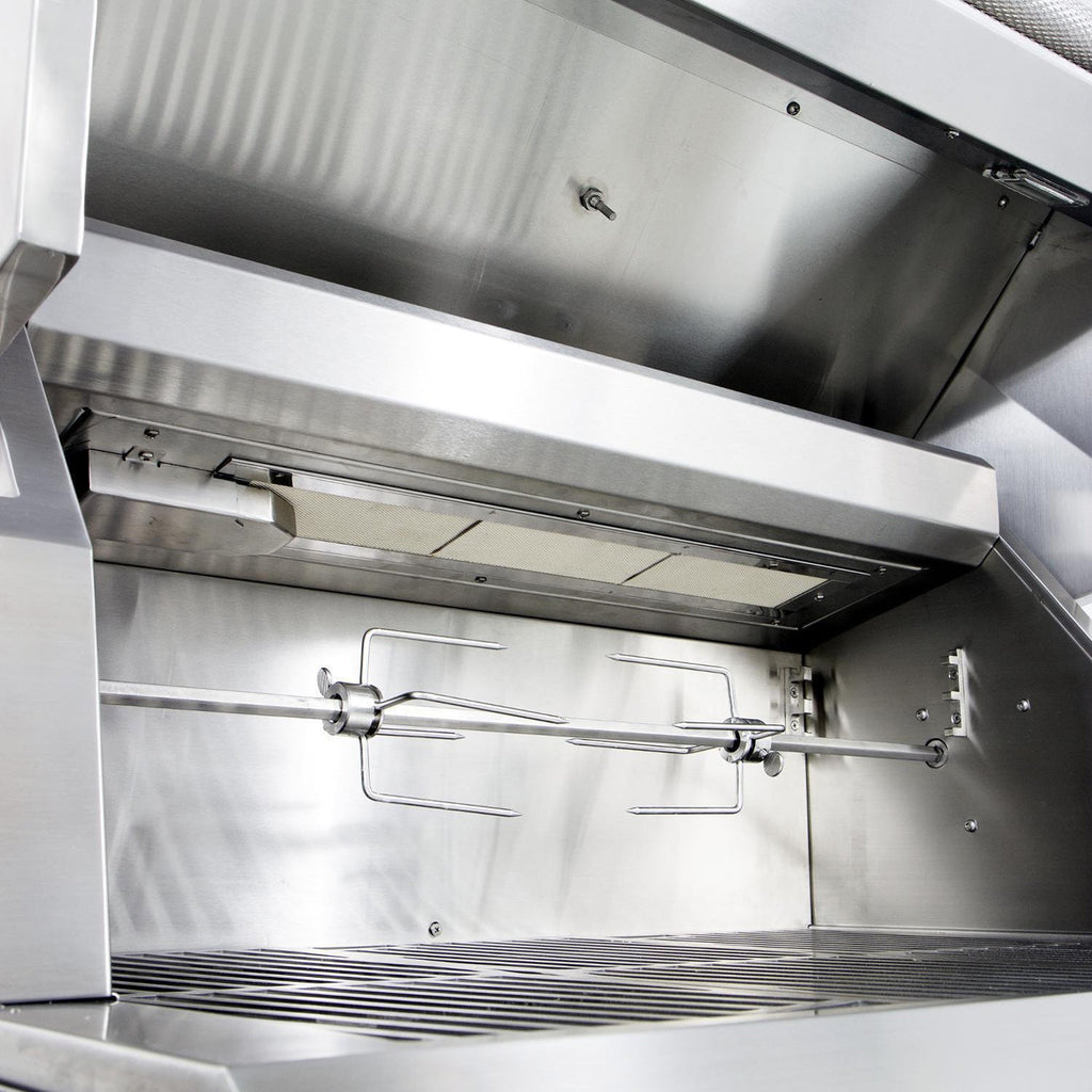 Open stainless gas grill interior with burners and warming rack