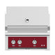 Built-in gas grill front panel with red control area and chrome control knobs.